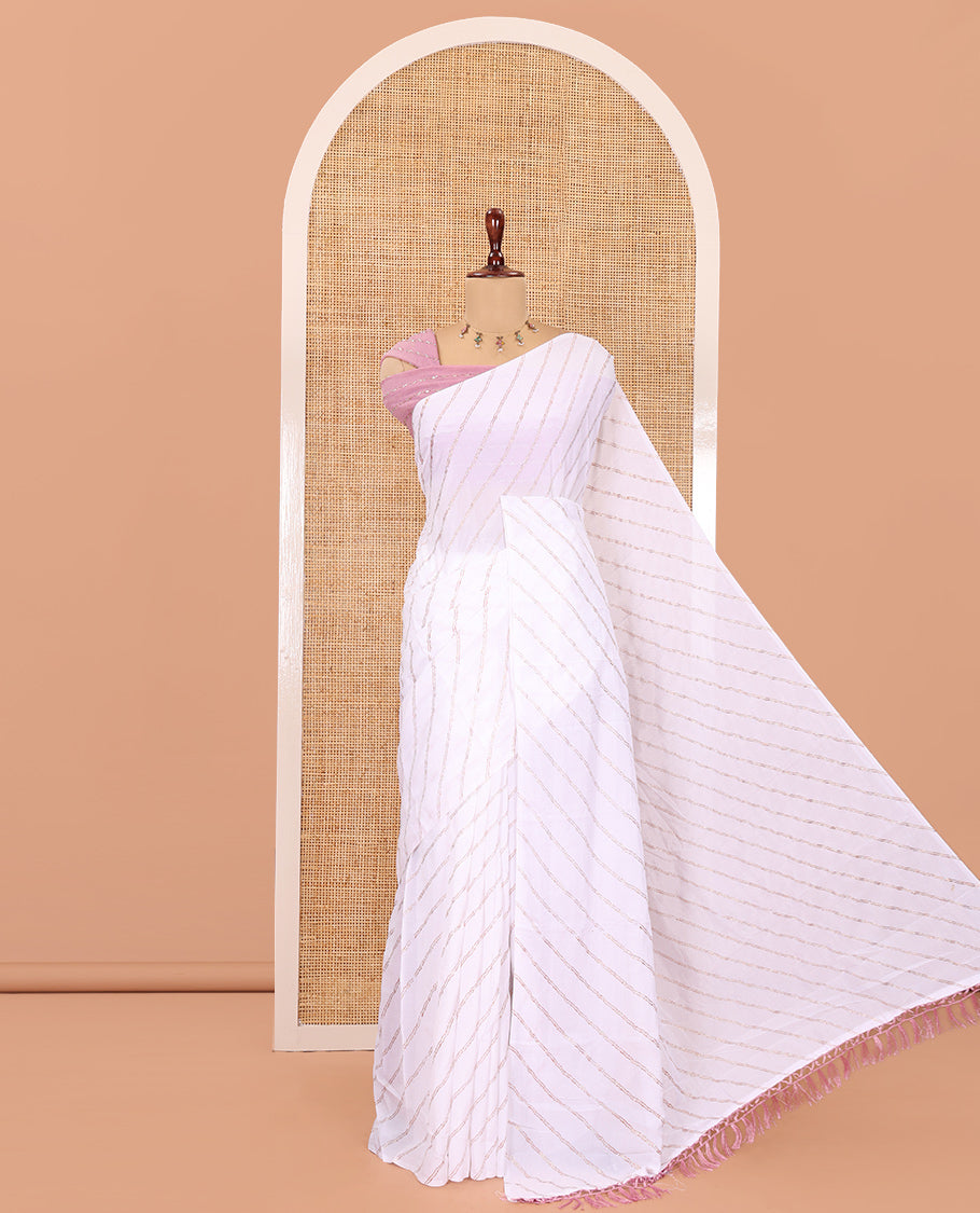 Borderless White-Onion Pink Rangoli Chiffon Saree, Gleamed Up with Foil-Printed Leheriya Stripes, a Contrast Sequins Blouse