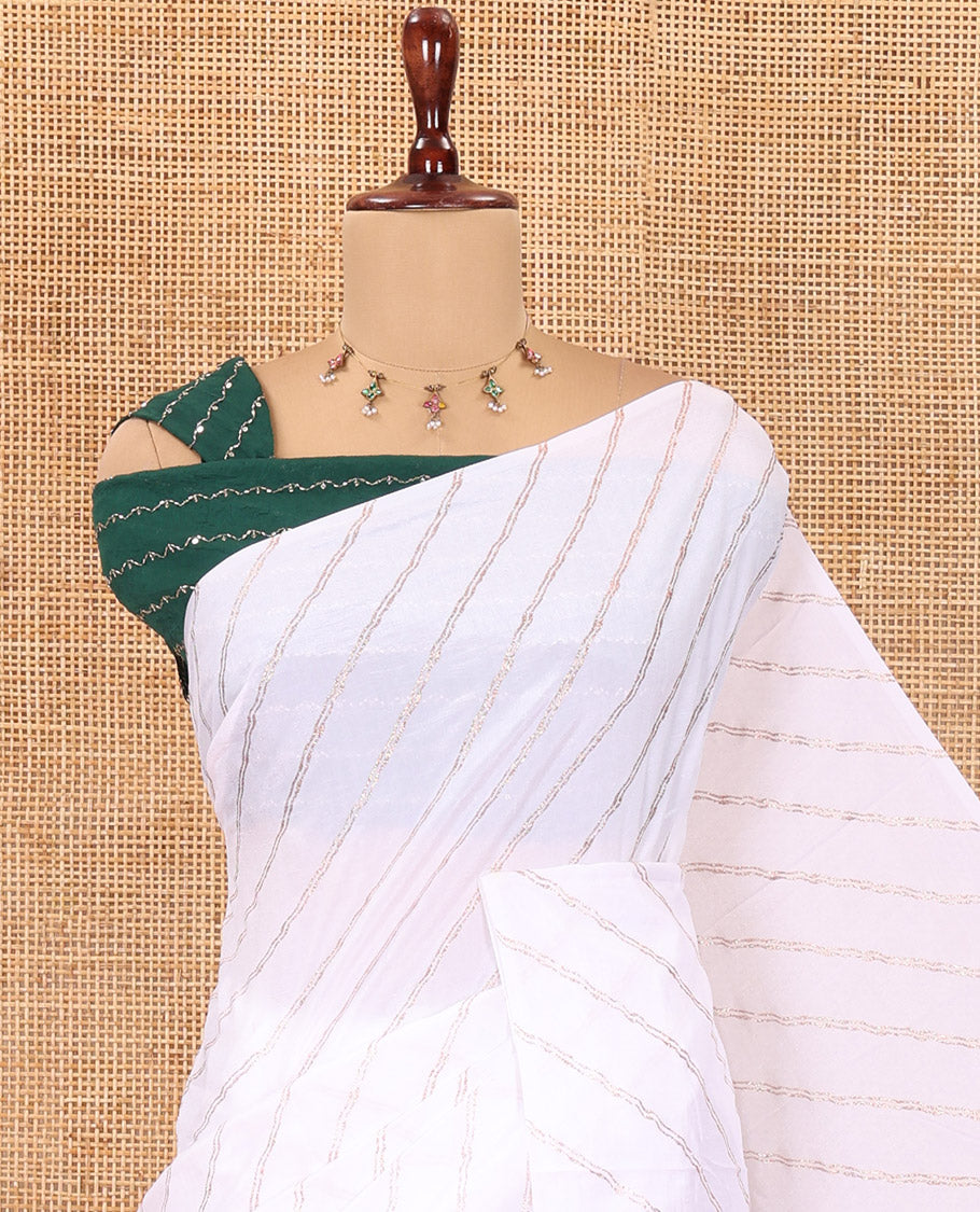 Borderless White-Green Rangoli Chiffon Saree, Gleamed Up with Foil-Printed Leheriya Stripes, a Contrast Sequins Blouse