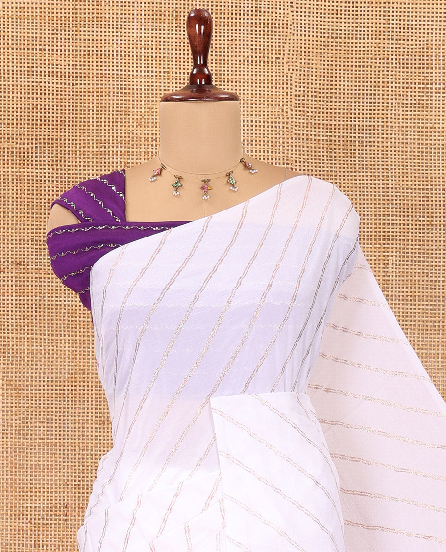 Borderless White-Violet Rangoli Chiffon Saree, Gleamed Up with Foil-Printed Leheriya Stripes, a Contrast Sequins Blouse