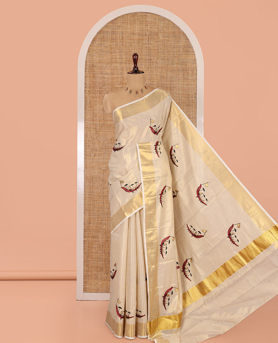 Gold Kerala Tissue Saree, Artfully Detailed with Vallam Kali Motifs, Gold Zari Border, a Self-Pallu, a Matching Blouse