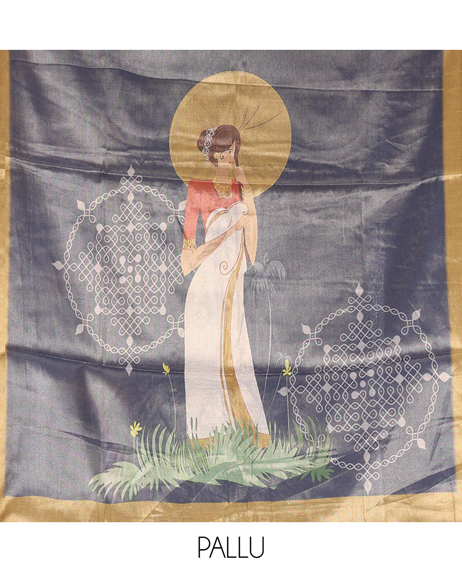 Denim Blue Kerala Culture-Themed Tissue Saree Features a Girl, Banana Leaf, and Kolam Motifs, Contrast Border, and Blouse