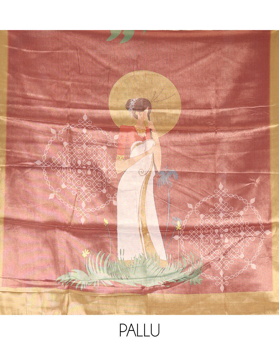 Reddish-Brown Kerala Culture-Themed Tissue Saree Features a Girl, Banana Leaf, and Kolam Motifs, Contrast Border, and Blouse