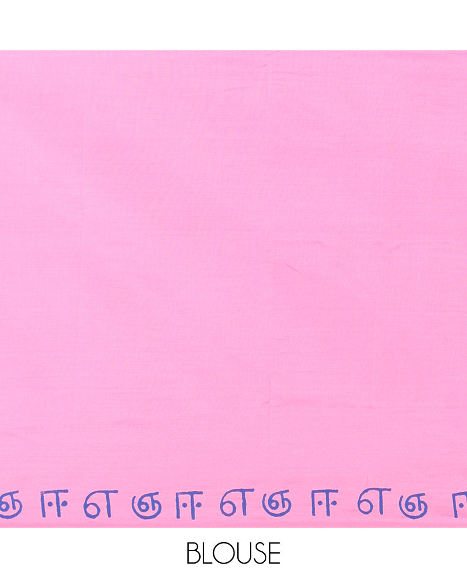 Borderless Pink South Cotton Saree, Steeped with Tamil Letters Print, Has a Matching and Contrast Block Printed Blouse