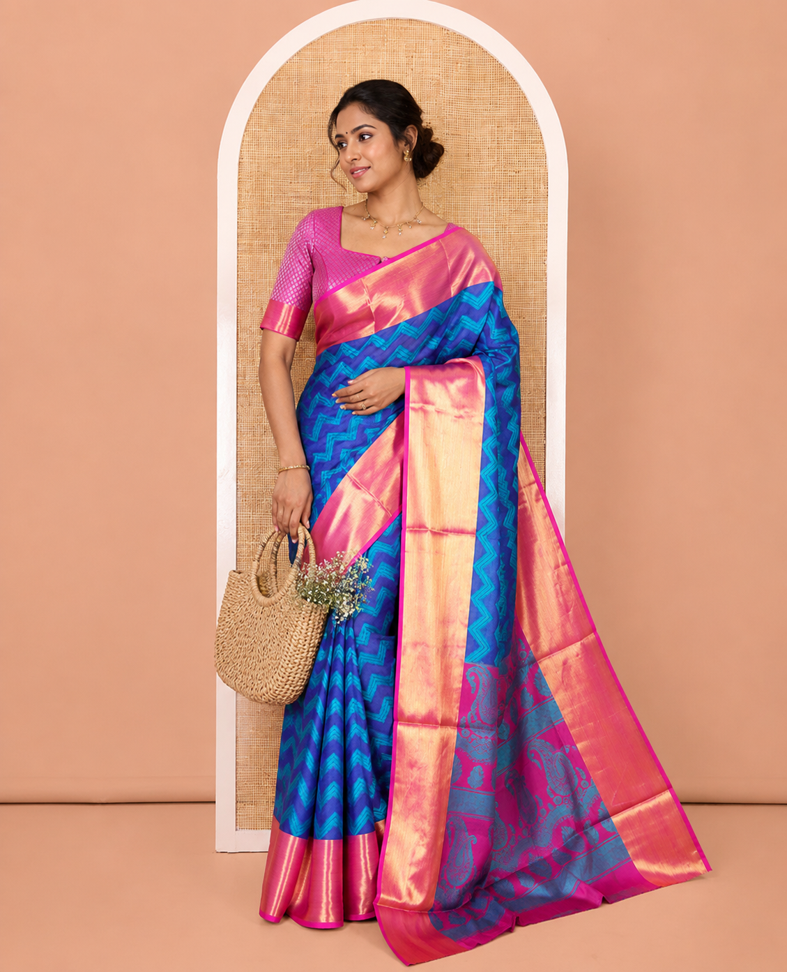 Royal Blue Semi-Organza Saree Features Pochampally Ikat Chevron Stripes, a Contrast Border, Paisley Pallu, and Contrast Blouse