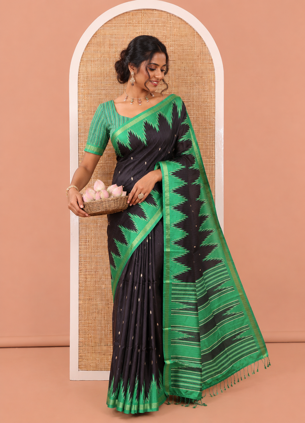 Black Kathan Silk Saree Adorned with Buttas, Contrast Temple Border, Temple pallu, and Striped Blouse