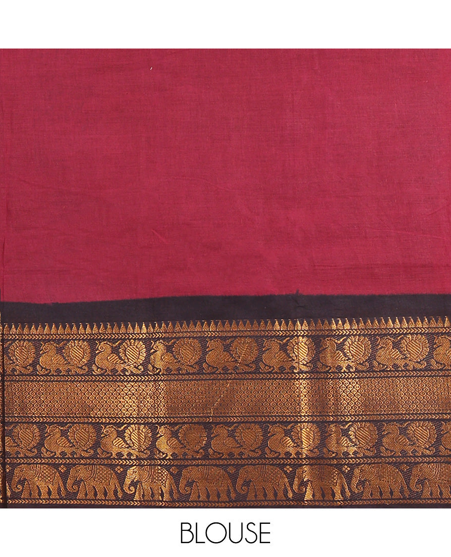 Maroon-Black Sungudi Cotton Half-Saree, Plain Skirt, Contrast Elephant-Peacock Border, a Contrast Blouse, a Matching Blouse, and a Contrast Elephant Motif Dhavani