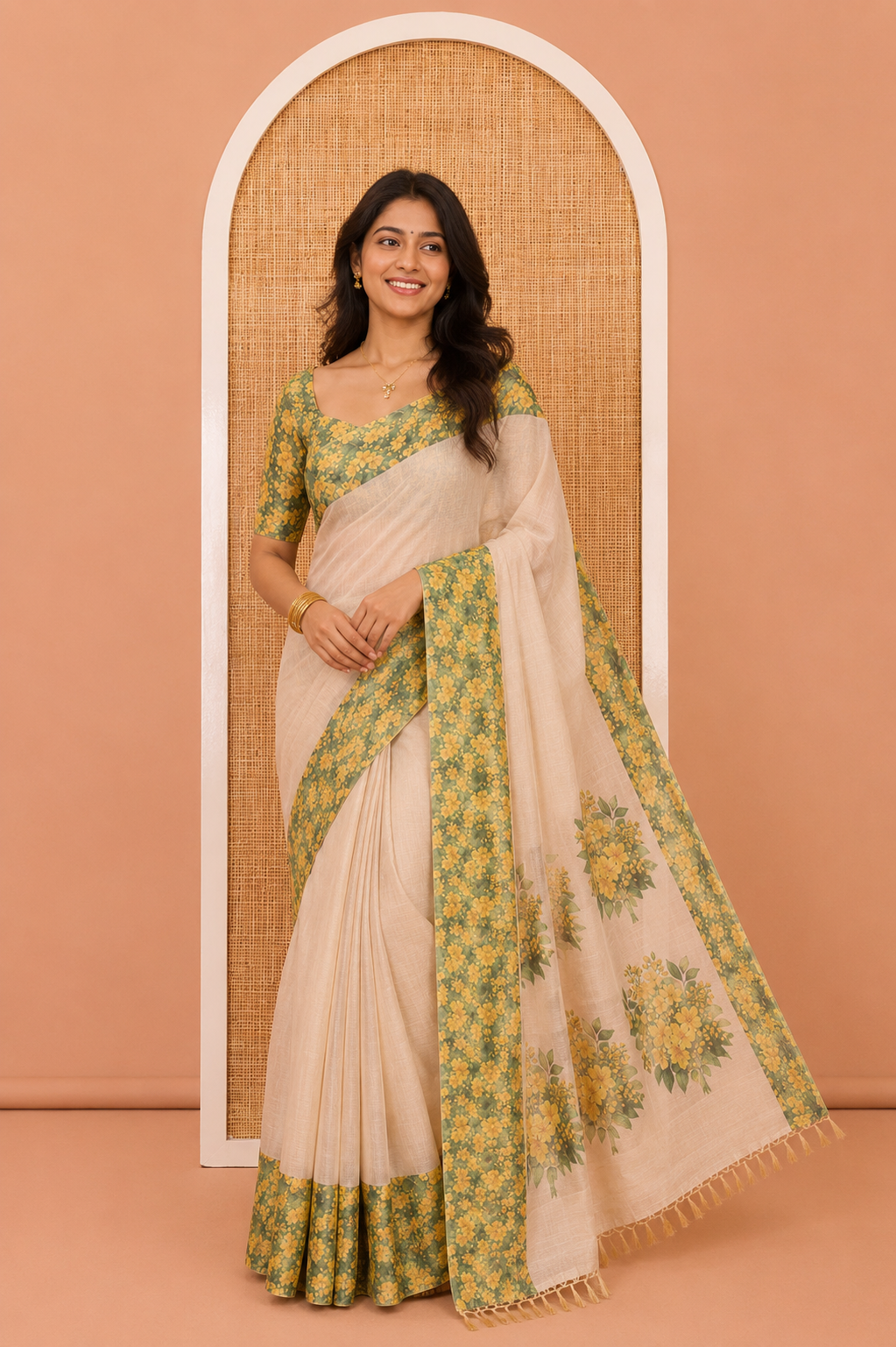 Gold Plain Tissue Saree, Complemented by Contrast Floral-Leaf Printed Border, a Self-Pallu, and a Contrast Blouse
