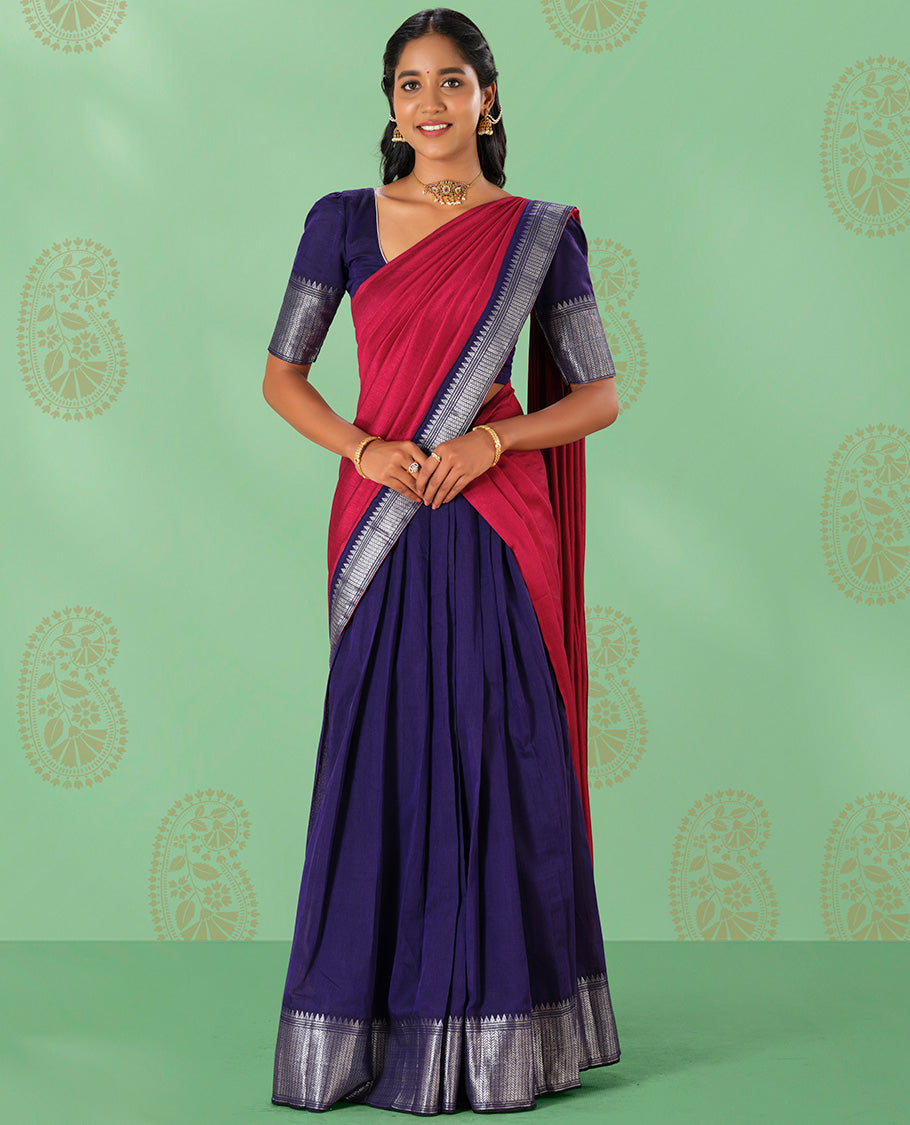 Purple cotton Readymade half saree with contrast zari border, plain blouse & plain with zari border dhavani