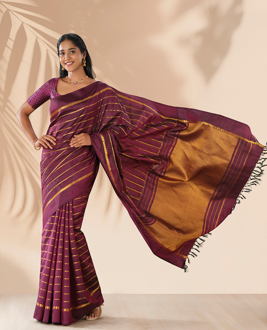 Maroon striped pure silk saree with self plain border & striped pallu