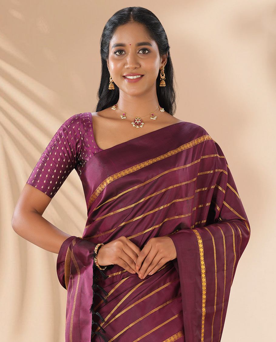 Maroon striped pure silk saree with self plain border & striped pallu
