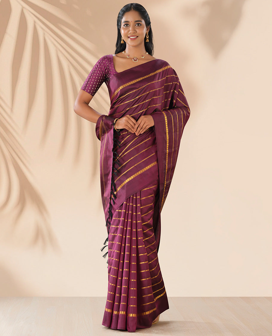 Maroon striped pure silk saree with self plain border & striped pallu