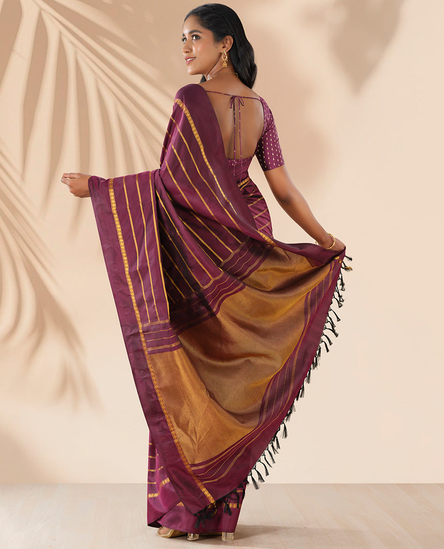 Maroon striped pure silk saree with self plain border & striped pallu