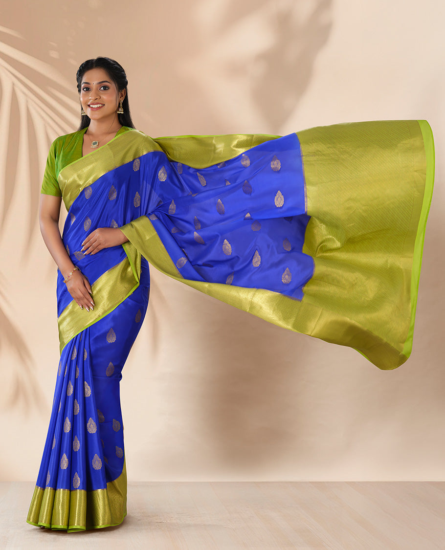 Blue buttas mysore silk saree with contrast ogee zari design border & intricate striped design pallu