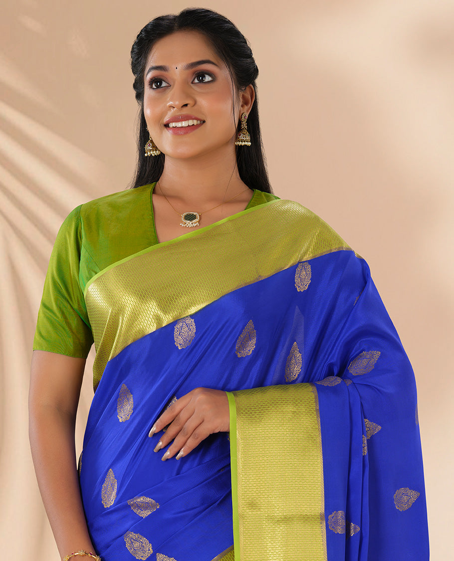 Blue buttas mysore silk saree with contrast ogee zari design border & intricate striped design pallu