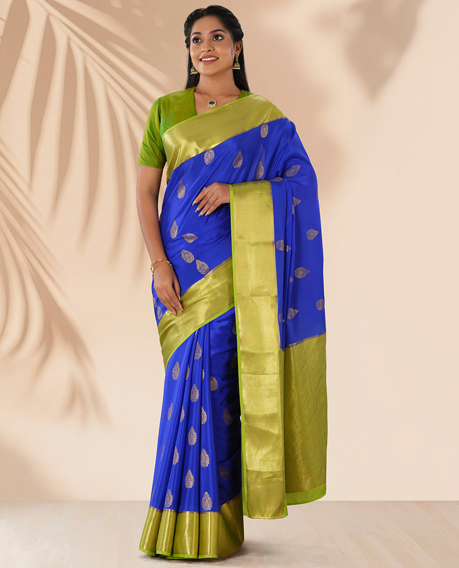 Blue buttas mysore silk saree with contrast ogee zari design border & intricate striped design pallu