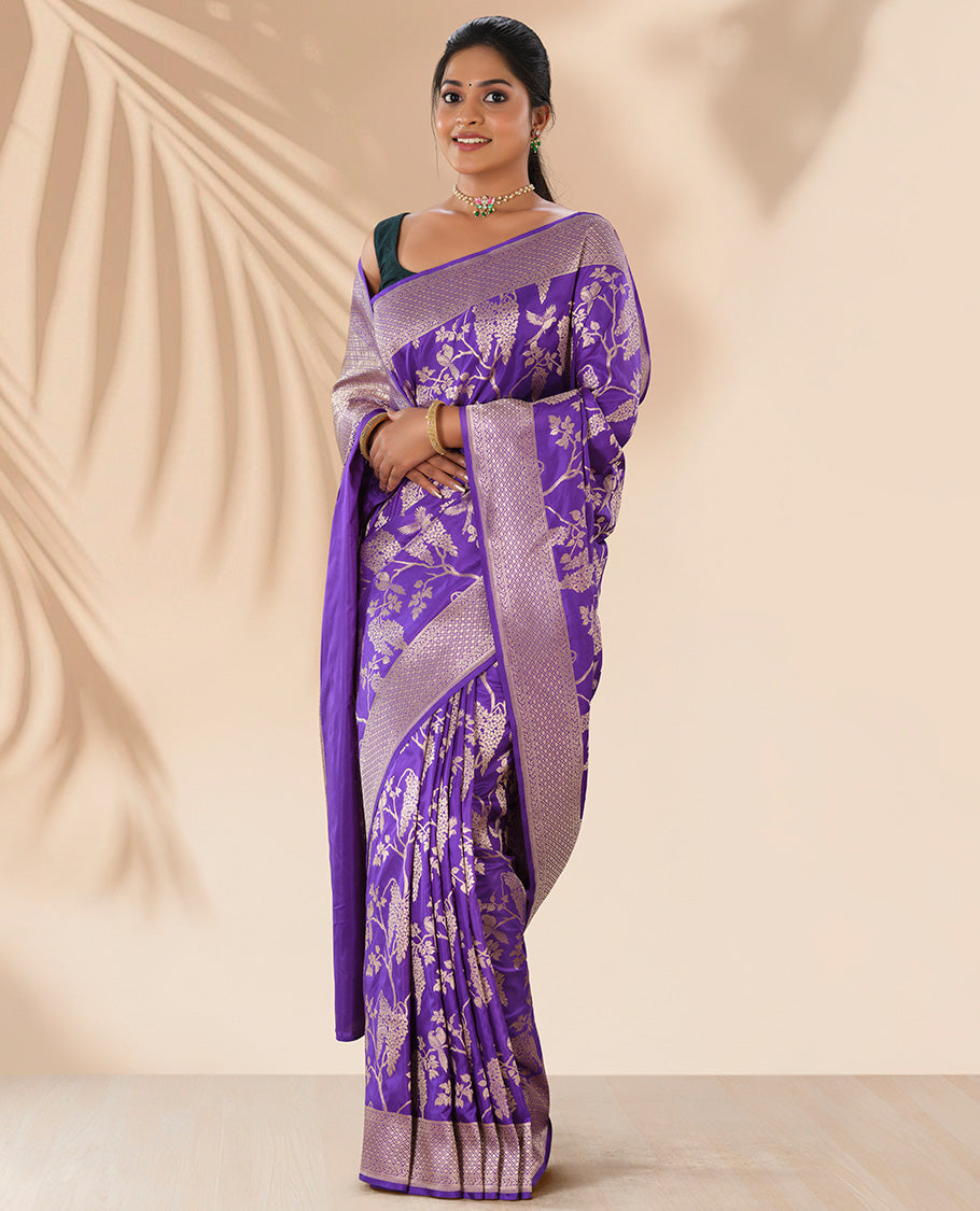 Purple floral jacquard banaras silk saree with self checked design border & intricate checked floral design pallu