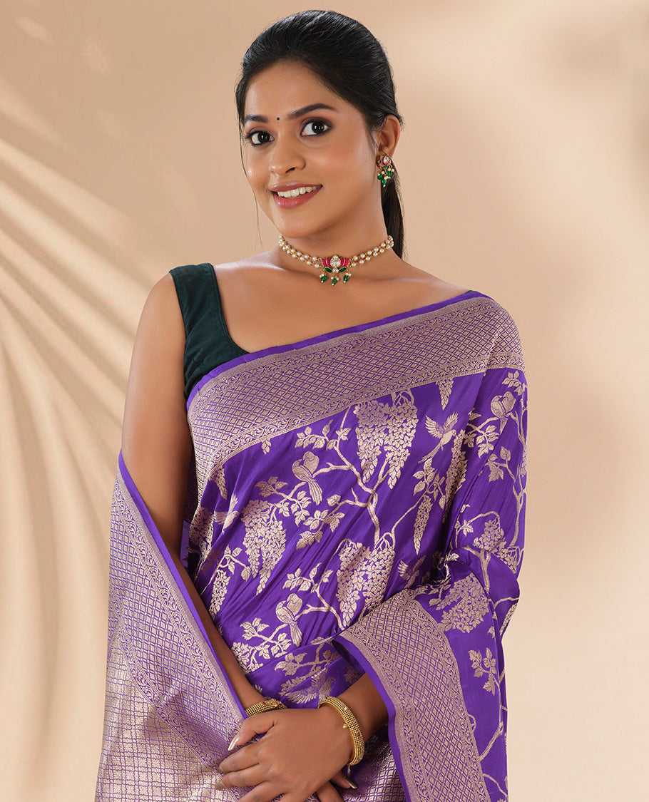 Purple floral jacquard banaras silk saree with self checked design border & intricate checked floral design pallu