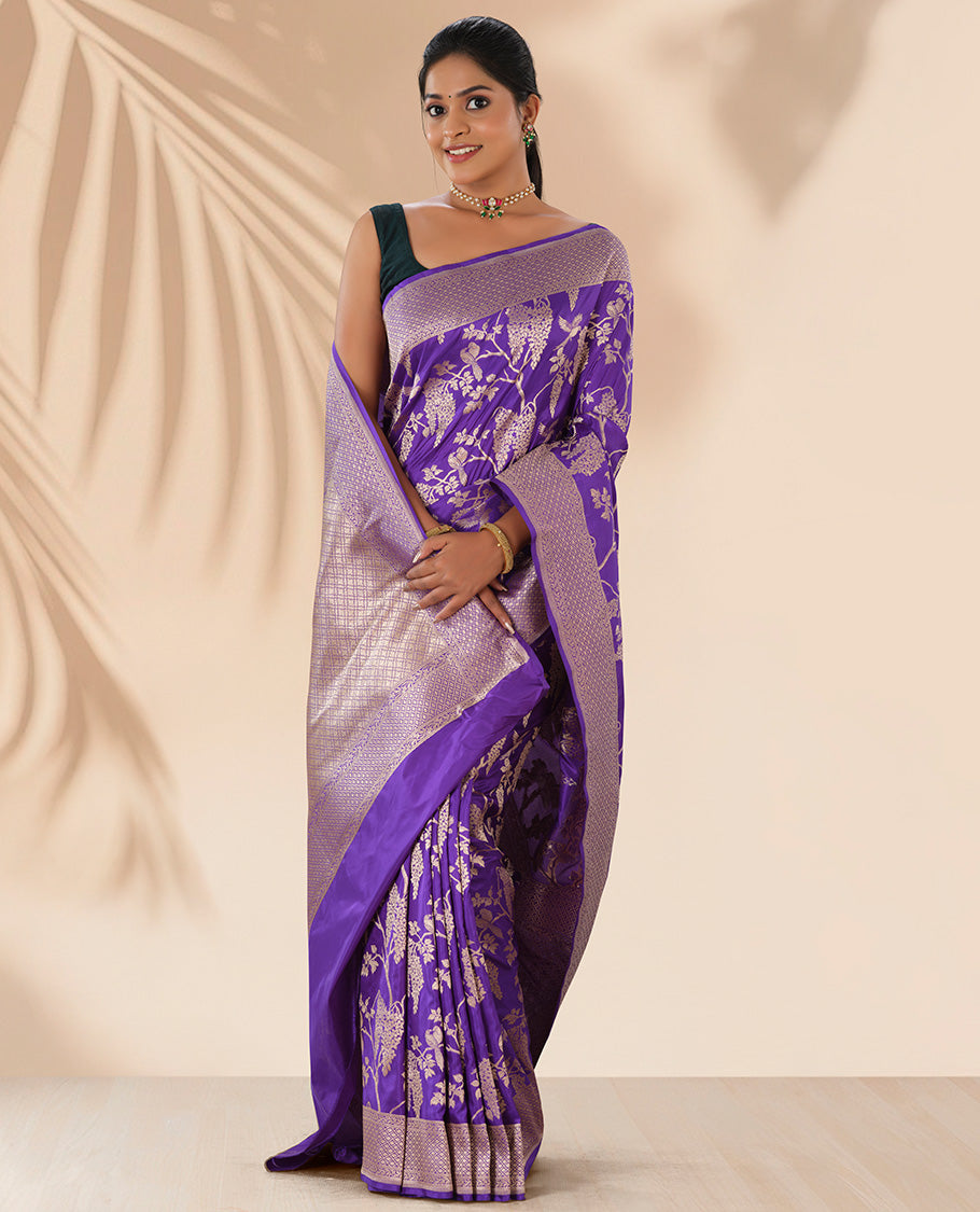Purple floral jacquard banaras silk saree with self checked design border & intricate checked floral design pallu