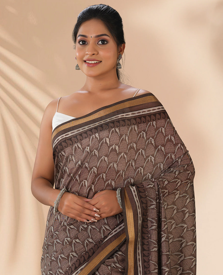Brown intricate design chanderi cotton saree with contrast zari border & ogee design pallu