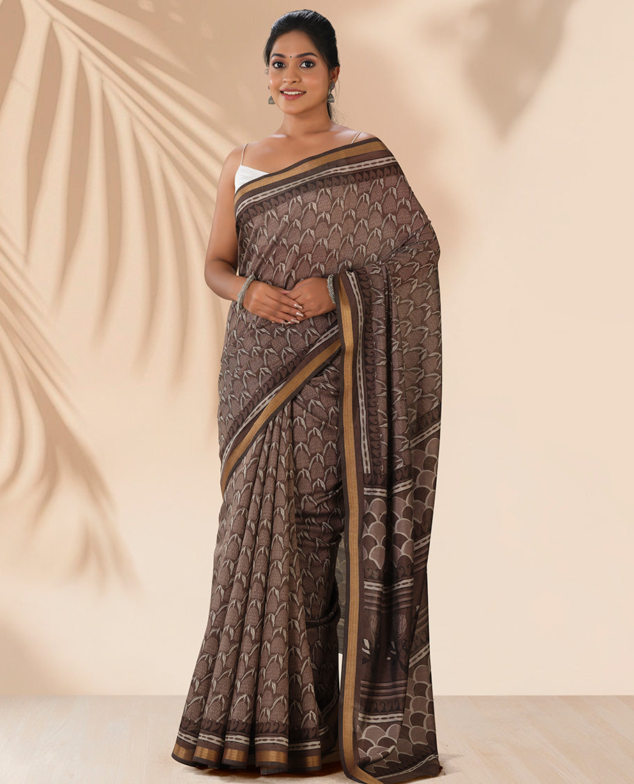 Brown intricate design chanderi cotton saree with contrast zari border & ogee design pallu