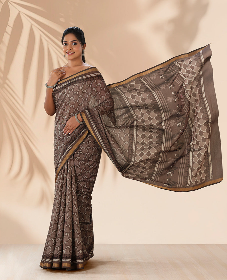Brown intricate design chanderi cotton saree with contrast zari border & ogee design pallu