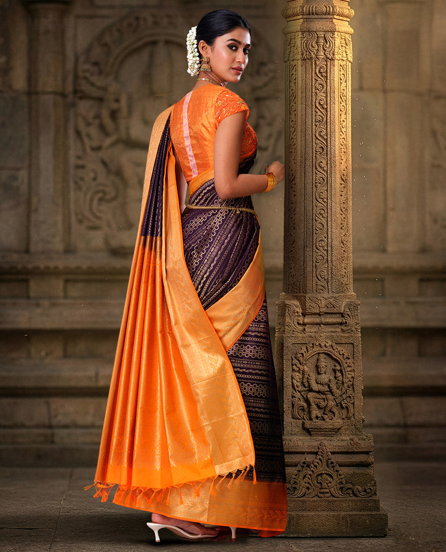 Purple Kanchipuram Wedding Silk Saree Decked Up with Geometric Patterns Jacquard on Its Body, Complemented by Contrast Traditional Zari Border of Leaf Vine Designs, Grandly Woven Pallu, and Paired with a Contrast Blouse