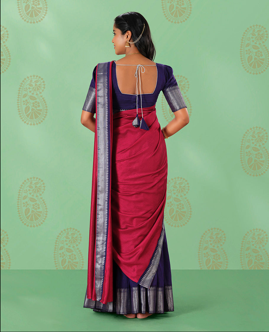 Purple cotton Readymade half saree with contrast zari border, plain blouse & plain with zari border dhavani