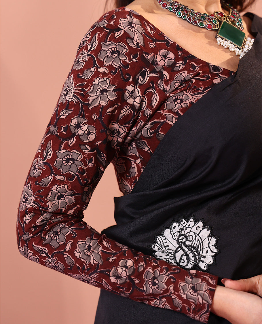 Maroon floral vine printed round neck full-sleeve cotton readymade blouse