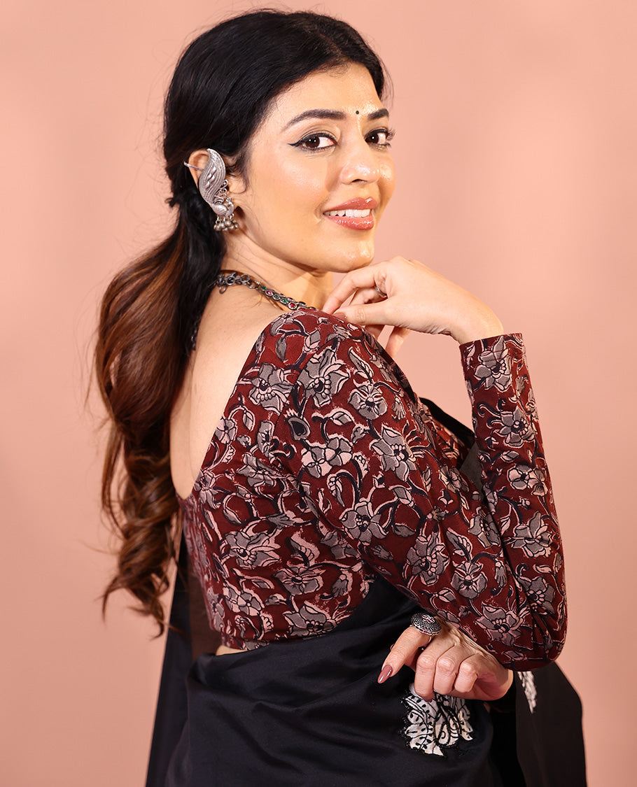 Maroon floral vine printed round neck full-sleeve cotton readymade blouse