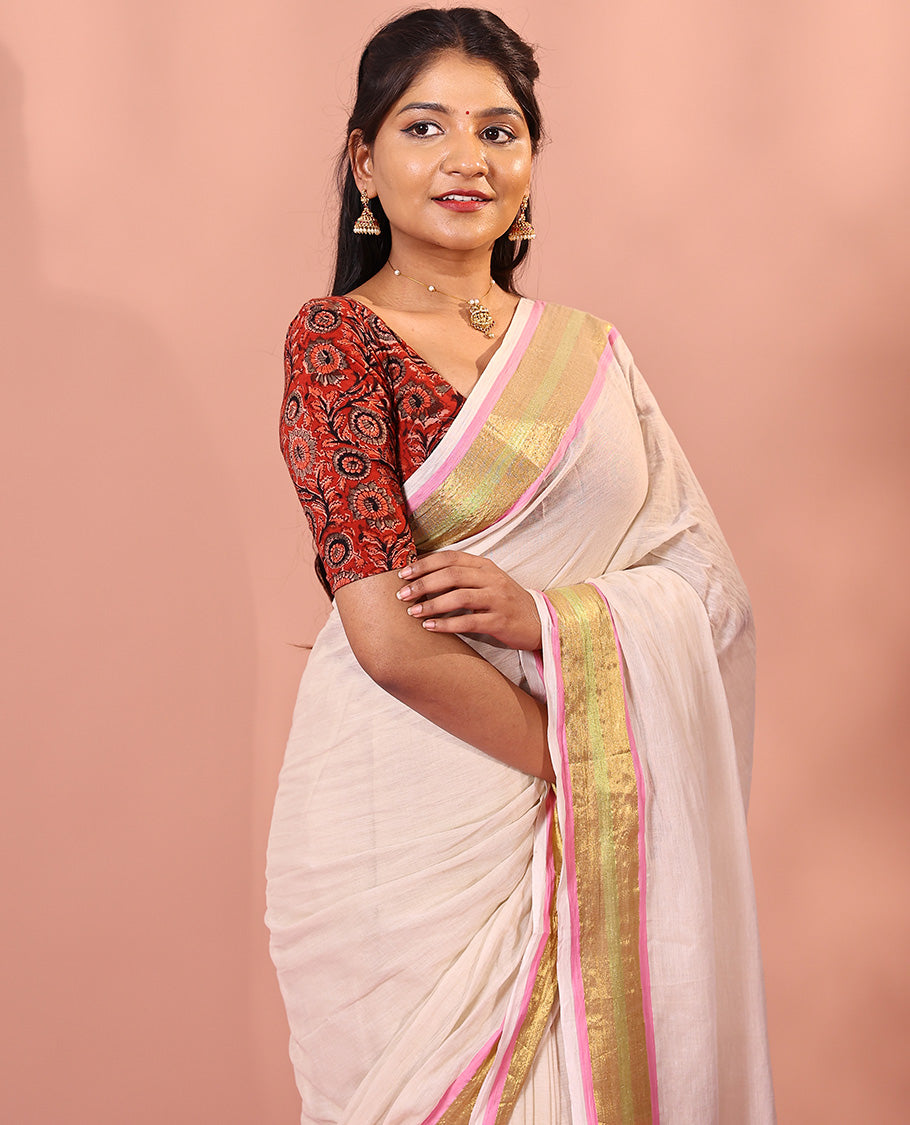 Red kalamkari floral vine printed front and back round neck elbow sleeve cotton readymade blouse