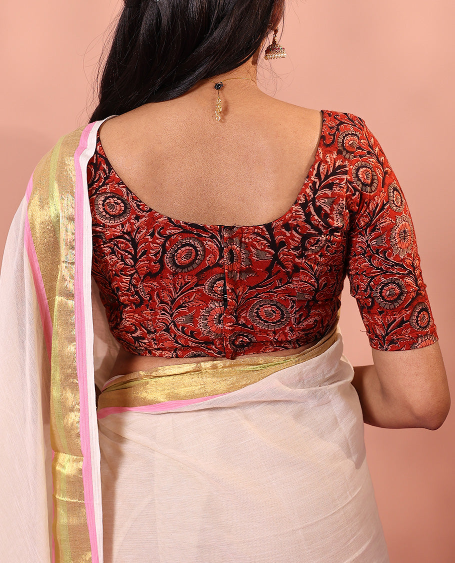 Red kalamkari floral vine printed front and back round neck elbow sleeve cotton readymade blouse