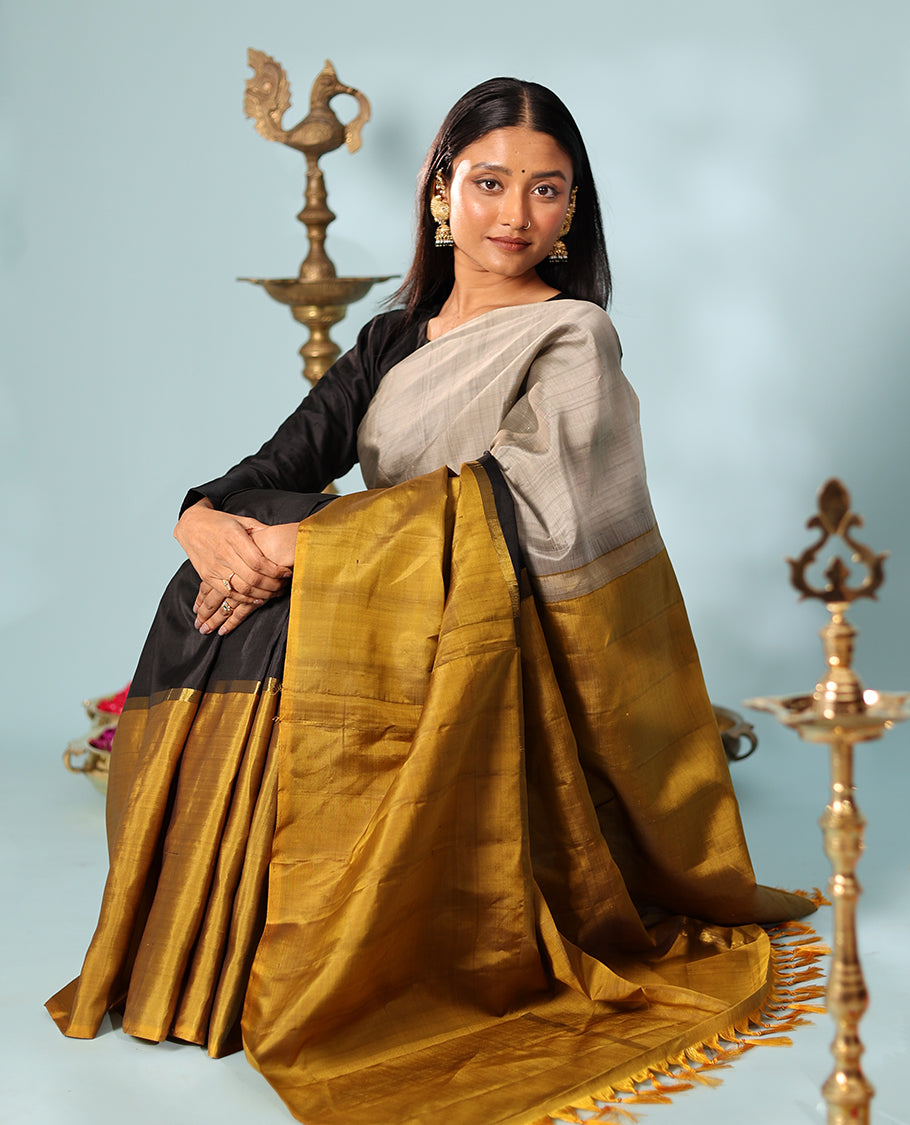 Borderless Grey, black, and Mustard tri-colored combo Kanchipuram silk saree with two-horizontal thick zari striped running on its body and pallu