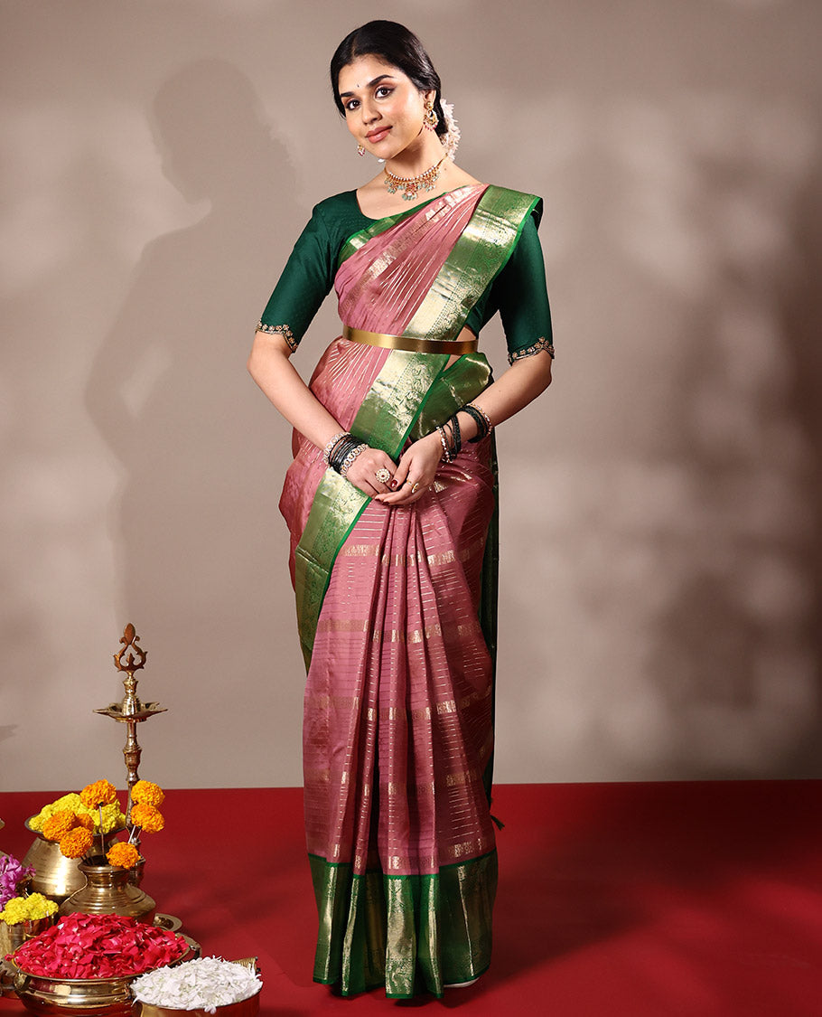 Onion pink veldari stripes, diamond, kamalam design silk saree, contrast border of rekku, mayil kann, and kili motifs, and intricate pallu