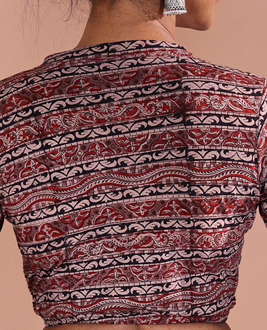 Pink Readymade Blouse Adorned with Geometric Motifs Print, Featuring Front Leaf-Neck, Back Closed Neck, and Half-Sleeves