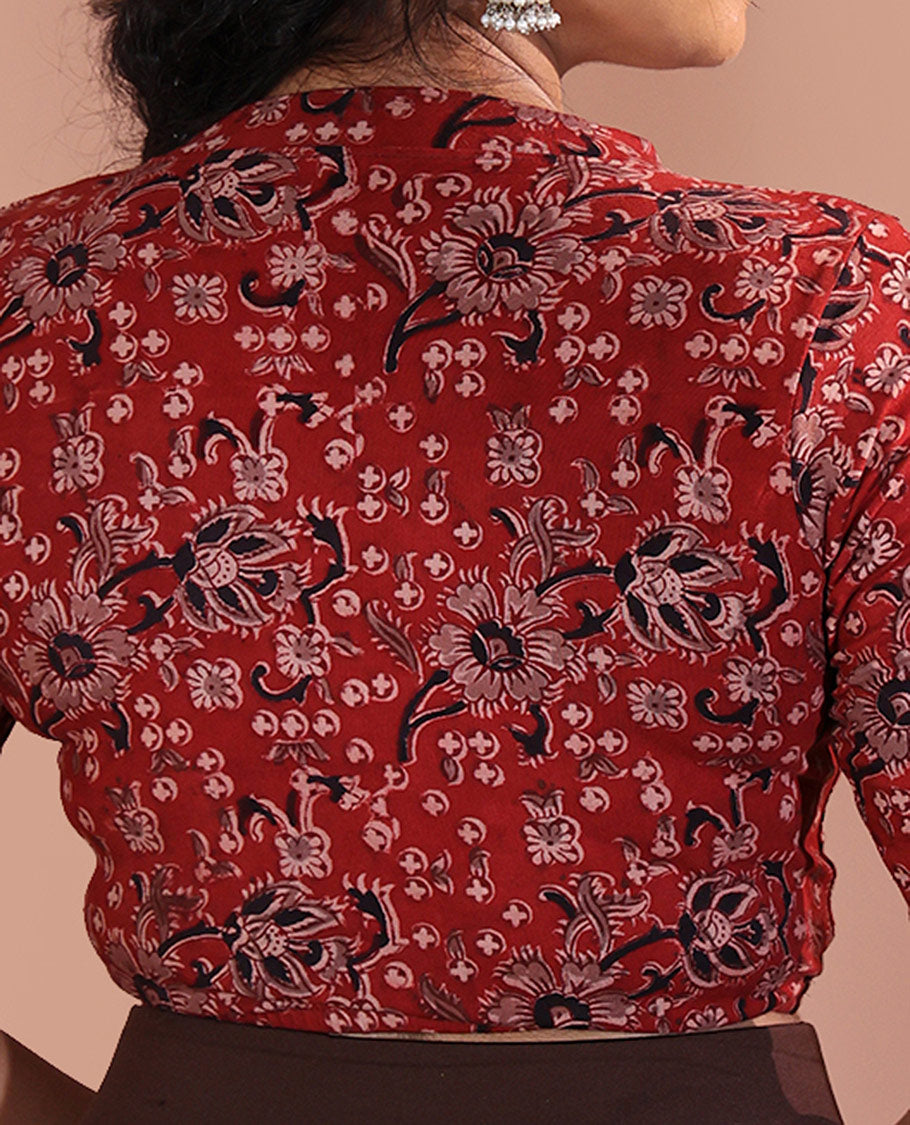 Red Readymade Blouse Prettified with Floral Motif Print, Featuring Front Leaf-Neck, Back Closed Neck, and Half-Sleeves
