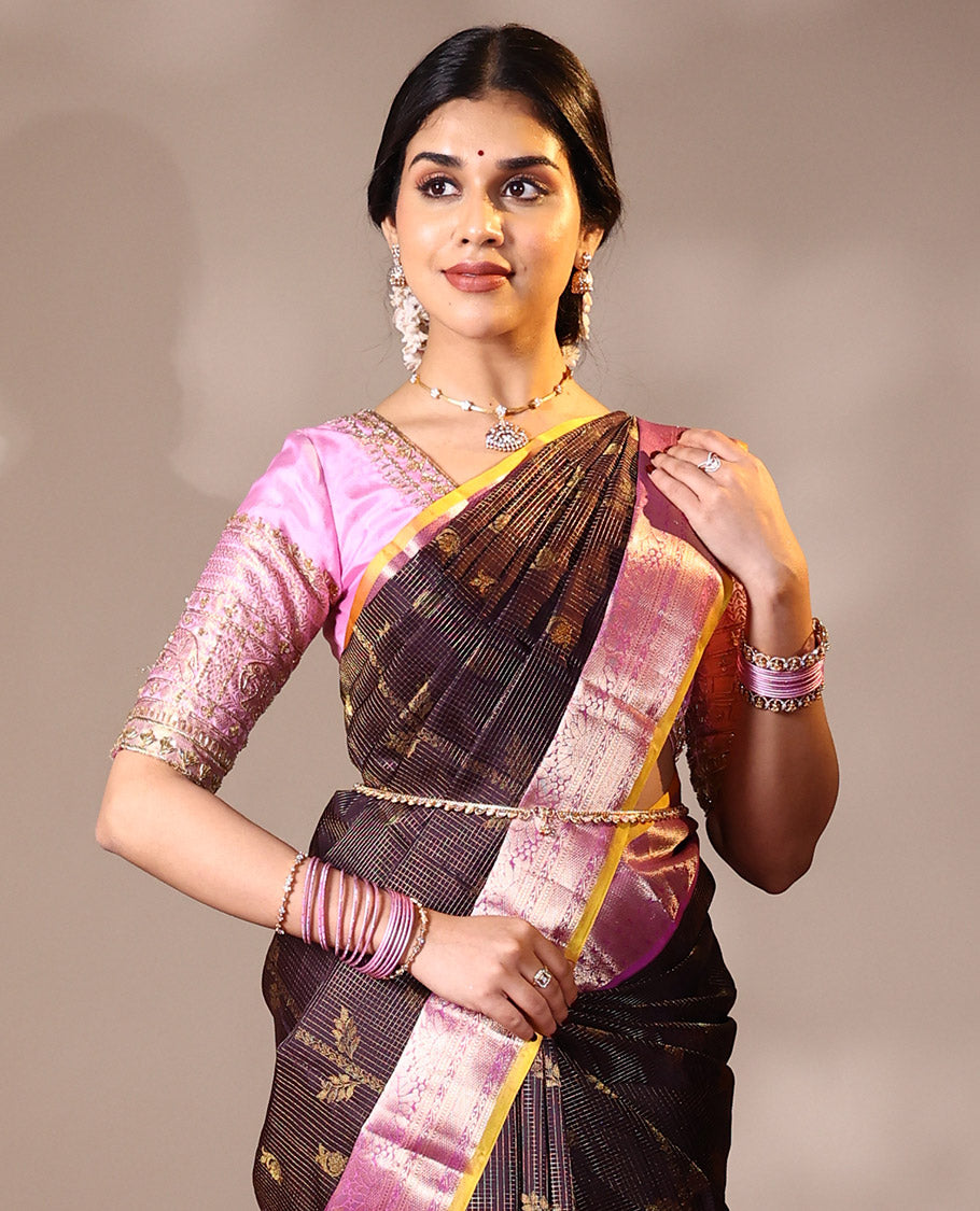 Dark navy blue zari checked and zari buttas silk saree, contrast zari woven border of sunflower motifs, and intricate pallu