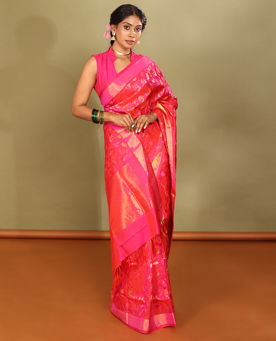 Rani Pink Uppada Saree, Enriched with Floral Vine Weave, a Subtle Zari Border, a Gleaming Zari Pallu, and a Matching Blouse