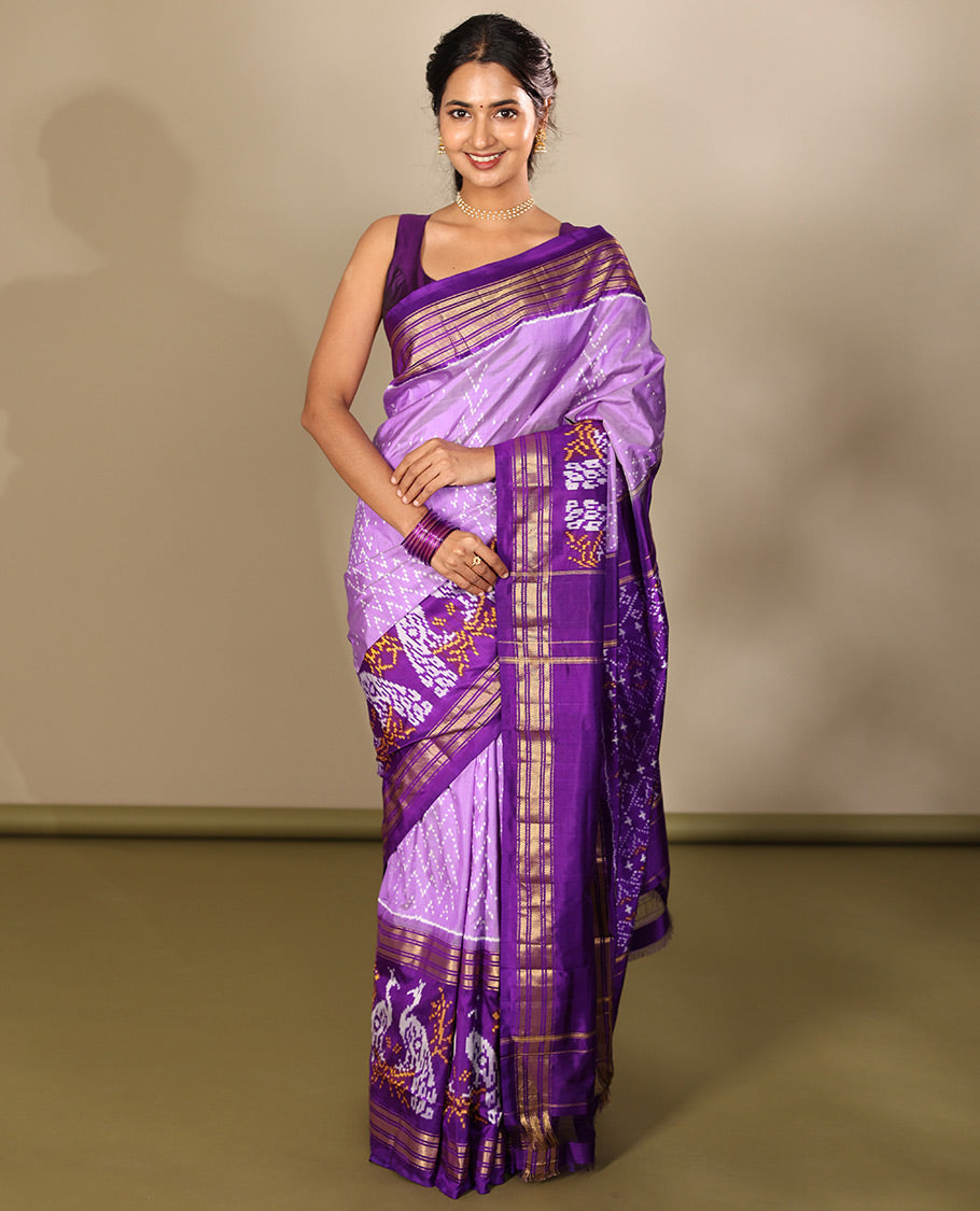 Lavender Pochampally Ikat Saree, Finely Crafted with Chevron Stripes Ikat Weave, a Contrast Ikat Peacock Weave Border, Ikat Pallu, and a Contrast Blouse