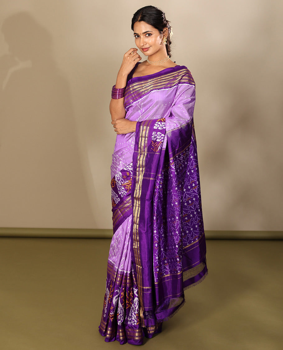 Lavender Pochampally Ikat Saree, Finely Crafted with Chevron Stripes Ikat Weave, a Contrast Ikat Peacock Weave Border, Ikat Pallu, and a Contrast Blouse