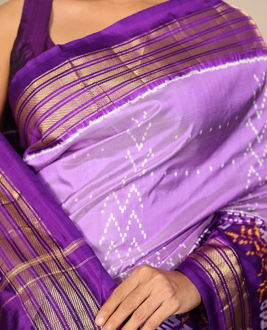 Lavender Pochampally Ikat Saree, Finely Crafted with Chevron Stripes Ikat Weave, a Contrast Ikat Peacock Weave Border, Ikat Pallu, and a Contrast Blouse