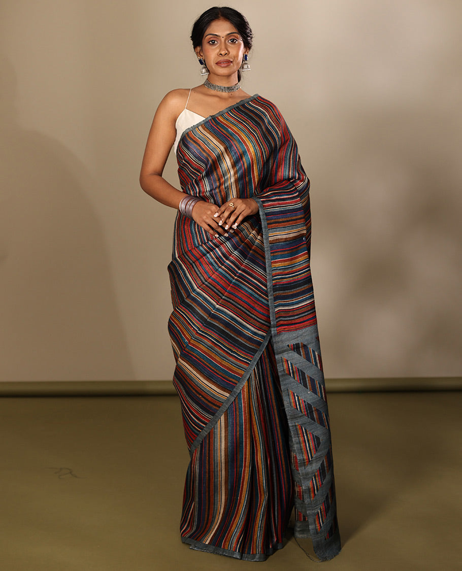 Borderless Multi-Color Tussar Silk Saree, Steeped with Abstract Stripes Print, a Subtle Chevron Striped Pallu, and a Contrast Blouse