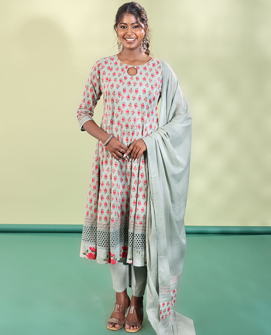 Green Cotton Readymade Suit, Comes with a Floral Printed Key-Hole Necked 3/4th Sleeved Acoba Cut-work Top, a Straight-Cut Pants, and a Floral Printed Dupatta