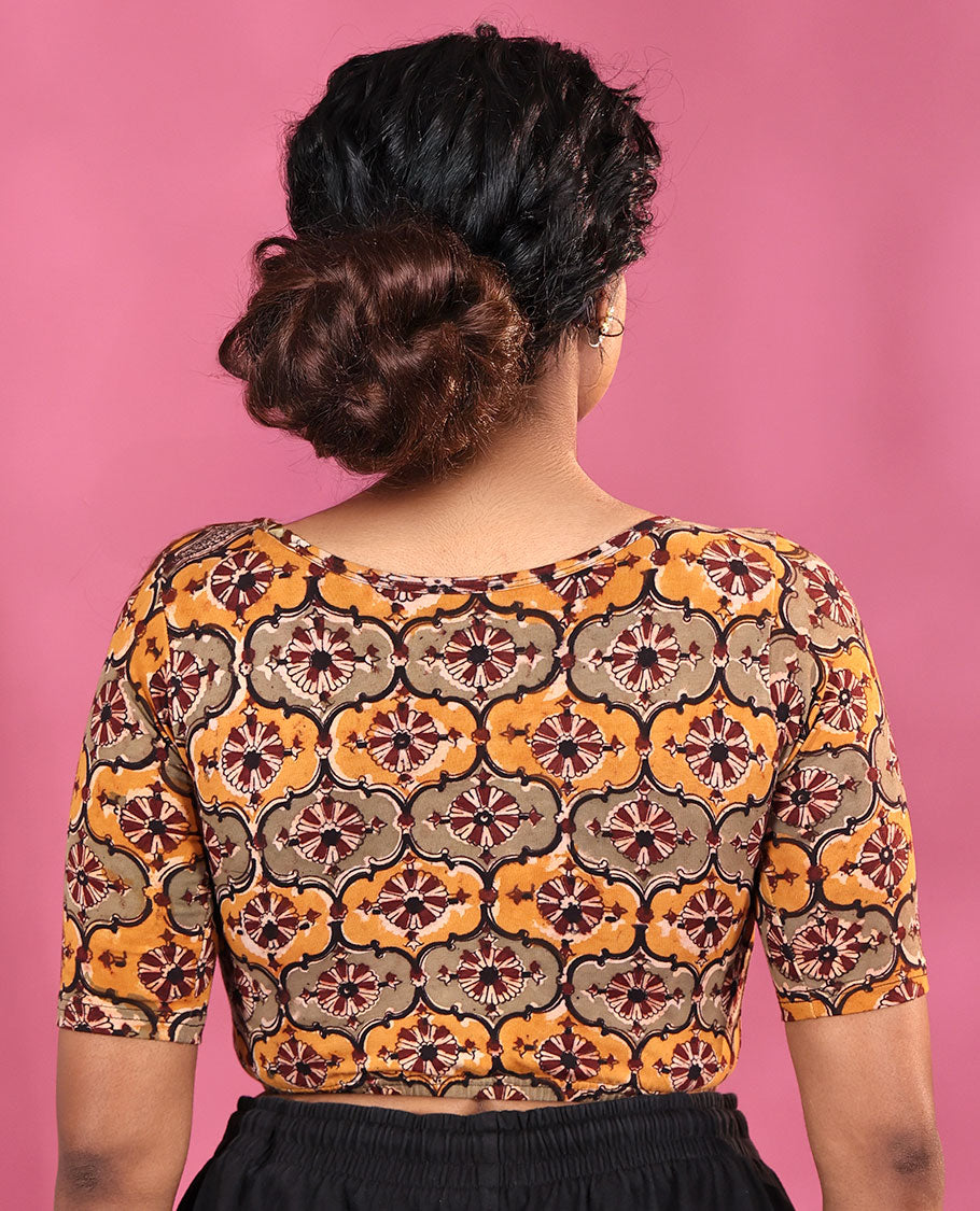 Yellow Cotton Readymade Blouse Artfully Detailed with Ogee Patterns Print, Featuring Front Round Neck, Back Boat Neck, and Half Sleeves