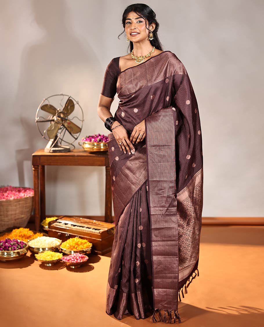 Coffee Brown Vasundhara Silk Saree, Finely Crafted with Raindrop Buttas, and Annam Chakram Bu\ttas on Its Body, Highlighted by a Zari Geometric-Textured Border, Gleaming Copper-Colored Zari Pallu of Jaal Designs, and Paired with a Matching Blouse