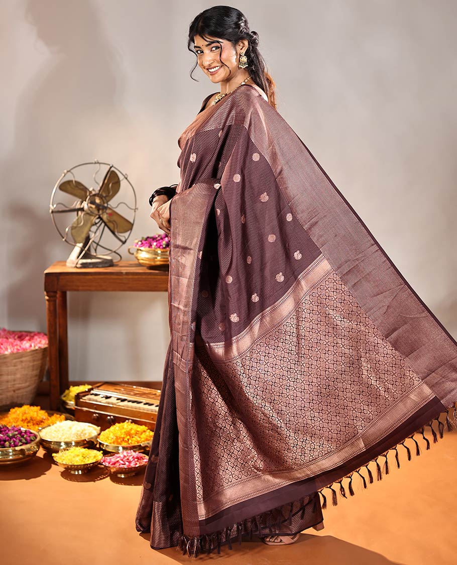 Coffee Brown Vasundhara Silk Saree, Finely Crafted with Raindrop Buttas, and Annam Chakram Bu\ttas on Its Body, Highlighted by a Zari Geometric-Textured Border, Gleaming Copper-Colored Zari Pallu of Jaal Designs, and Paired with a Matching Blouse