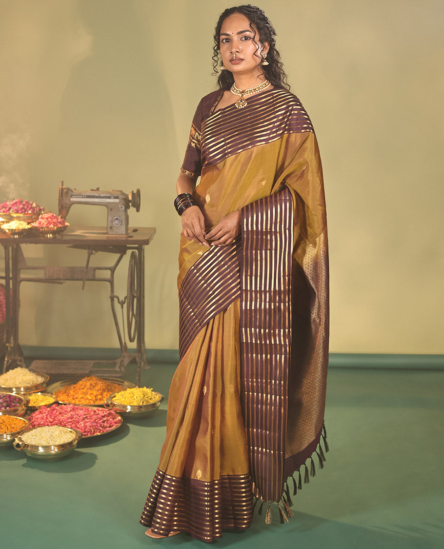 Mustard Vasundhara Lite Silk Mix Saree, Sparsely Woven with Zari Buttas on Its Body, Complemented by a Captivating Contrast Border of Kuyil Kann Designs, Grand Jaal Pallu, and Paired with a Contrast Blouse