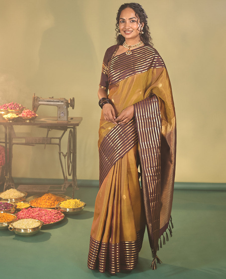 Mustard Vasundhara Lite Silk Mix Saree, Sparsely Woven with Zari Buttas on Its Body, Complemented by a Captivating Contrast Border of Kuyil Kann Designs, Grand Jaal Pallu, and Paired with a Contrast Blouse