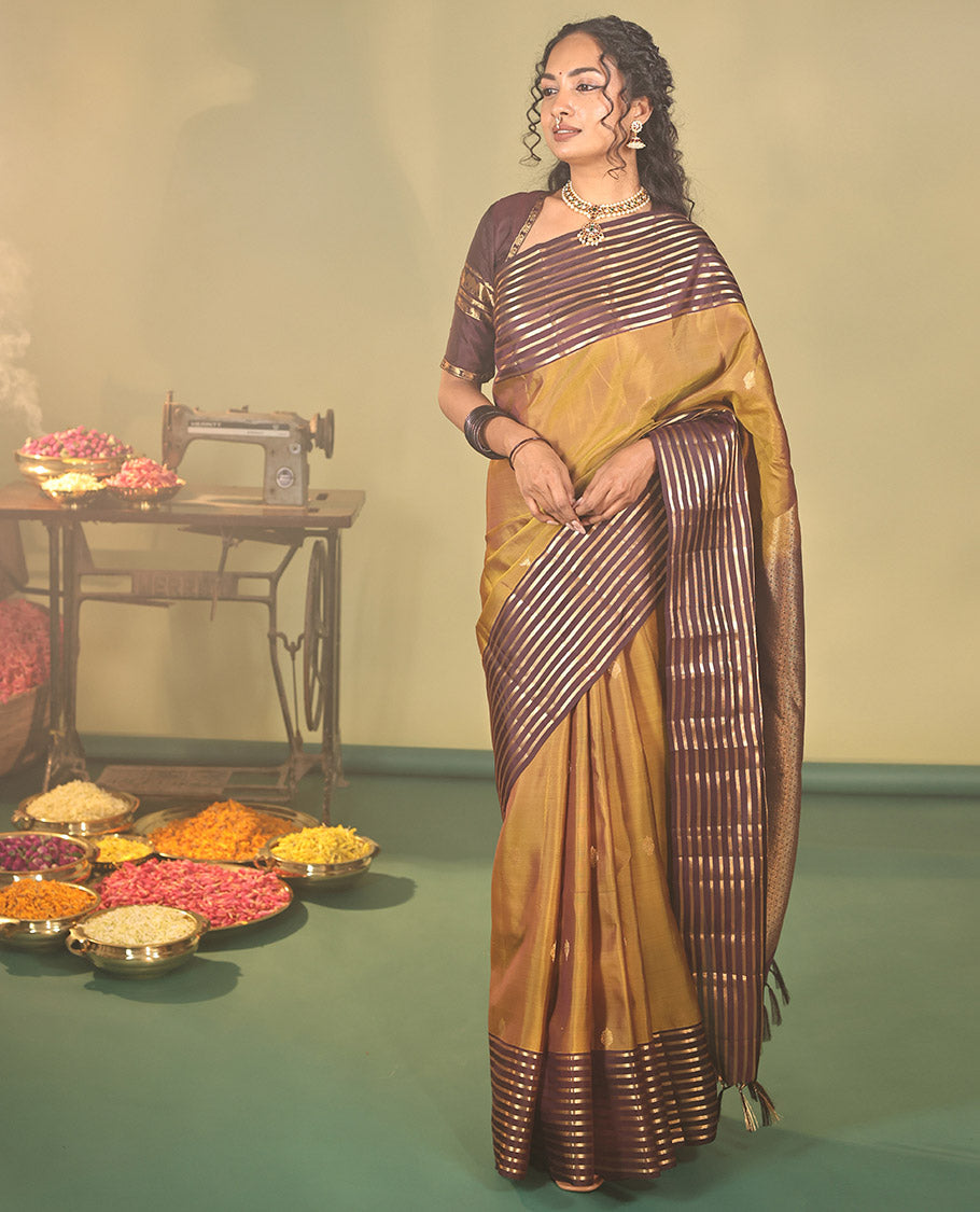 Mustard Vasundhara Lite Silk Mix Saree, Sparsely Woven with Zari Buttas on Its Body, Complemented by a Captivating Contrast Border of Kuyil Kann Designs, Grand Jaal Pallu, and Paired with a Contrast Blouse