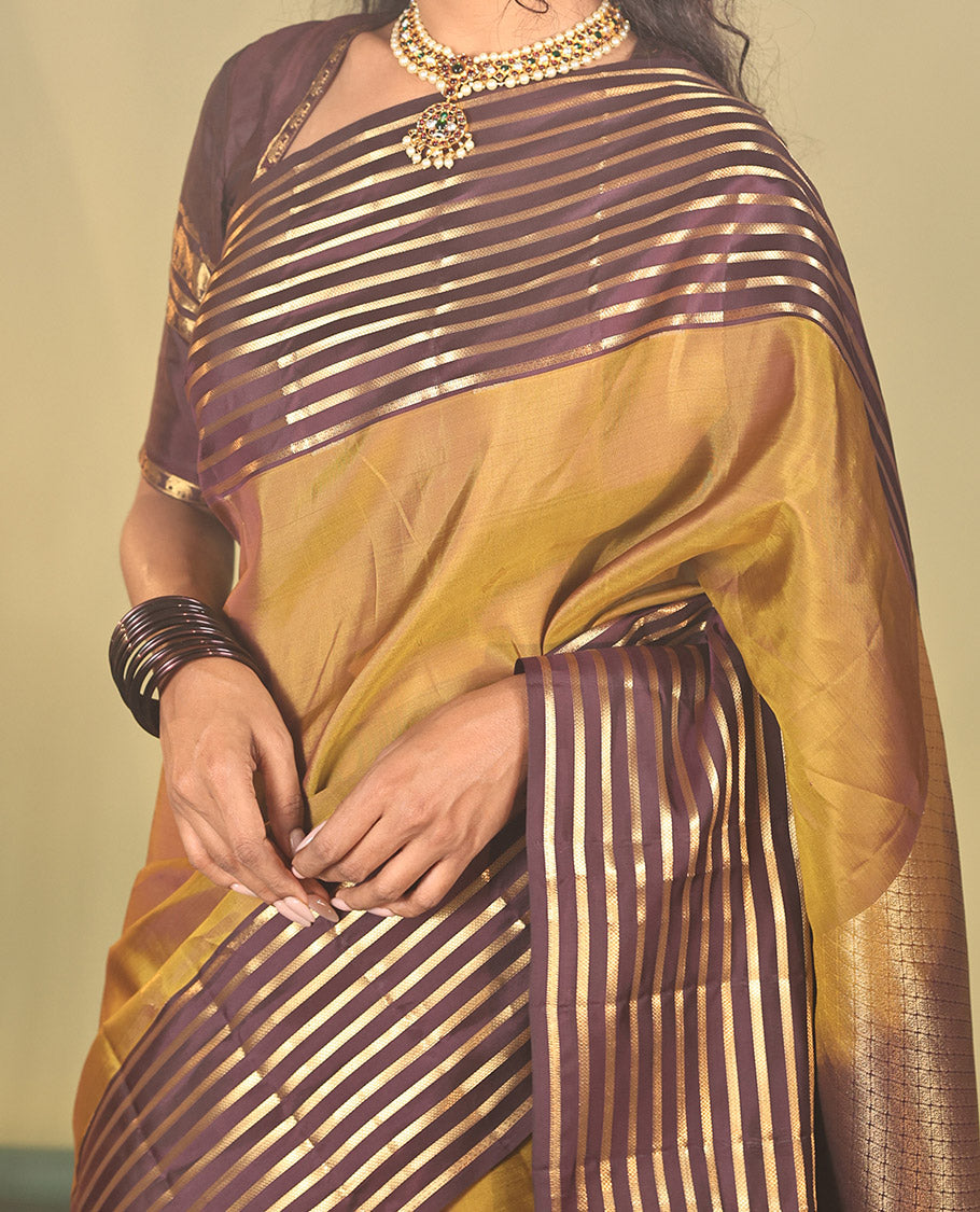 Mustard Vasundhara Lite Silk Mix Saree, Sparsely Woven with Zari Buttas on Its Body, Complemented by a Captivating Contrast Border of Kuyil Kann Designs, Grand Jaal Pallu, and Paired with a Contrast Blouse
