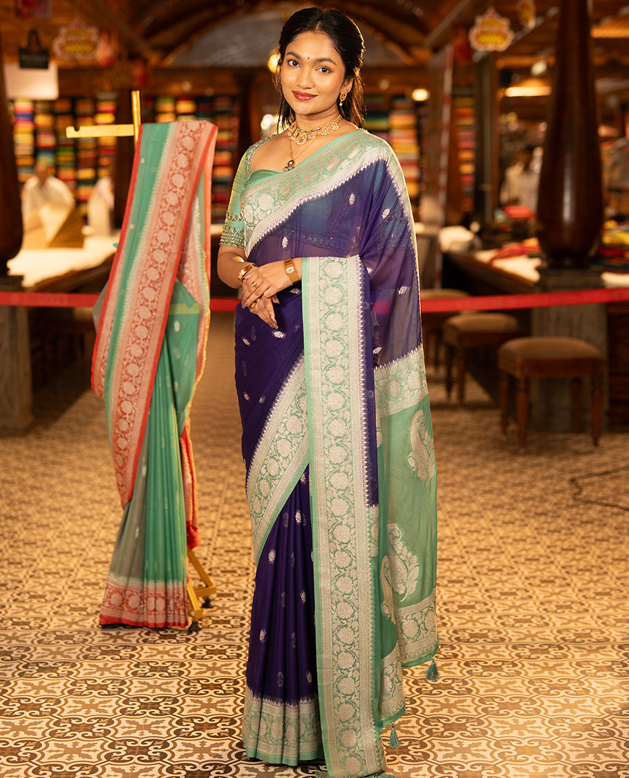 Purple Banarasi Georgette Saree, Accentuated with Zari Buttas All Over Its Body, Complemented by a Contrast Floral Creeper Design Border, Pallu of Paisleys, and Paired with a Contrast Blouse